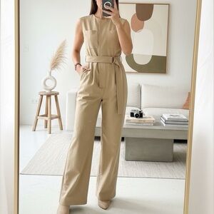 OSMOSIS Japanese Sleeveless Belted Wide-Leg Utility Jumpsuit in Light Tan Khaki